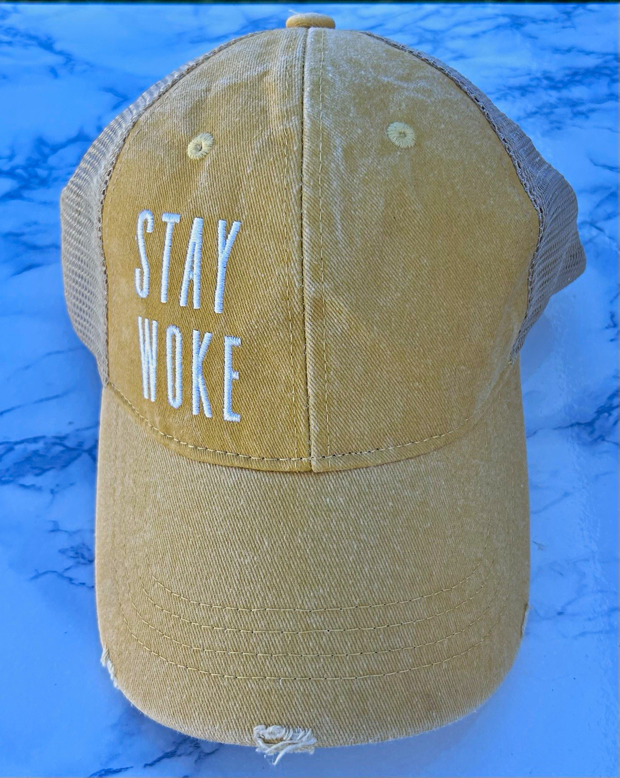 Ever Ellis Stay Woke Tan/White Mesh Trucker Snapback Hat One Size Unisex