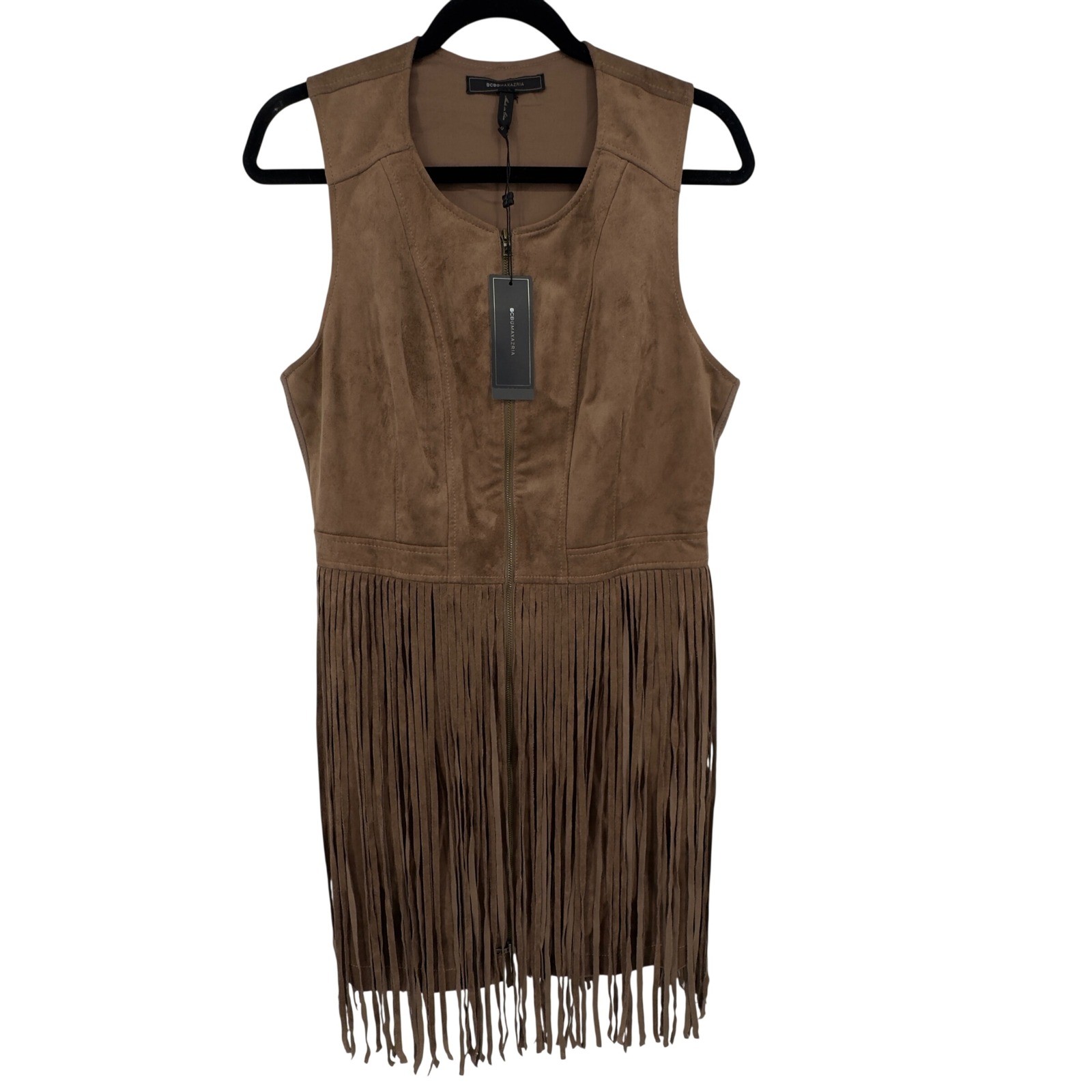 BCBGMAXAZRIA Hamiin Faux Suede Fringe Dress Lt Mocha Brown Festival Boho Size 12