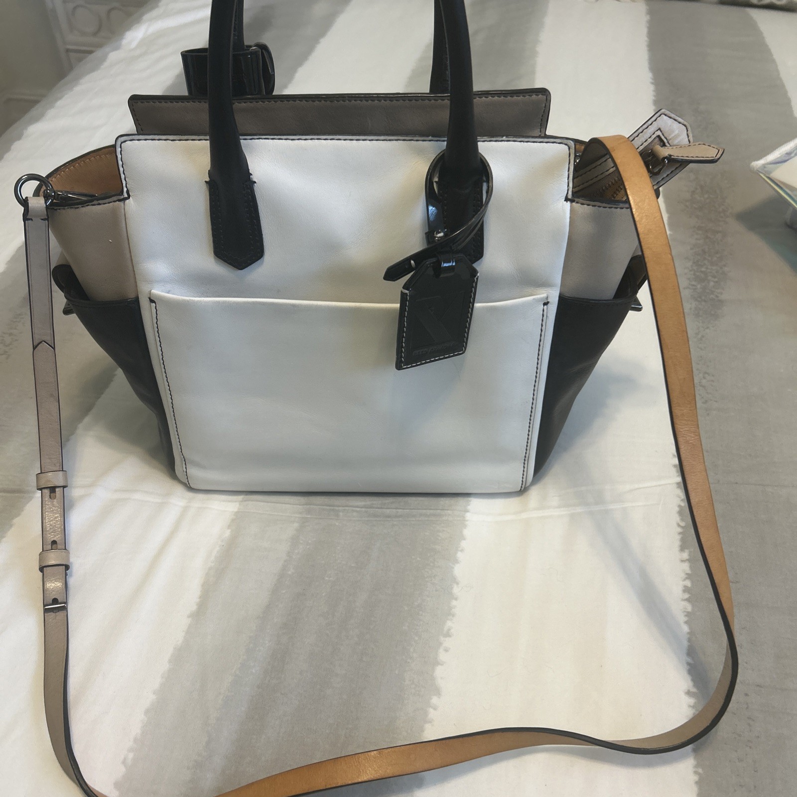REED KRAKOFF Tricolor Color Block Leather Boxer Tote Crossbody Black White Tan