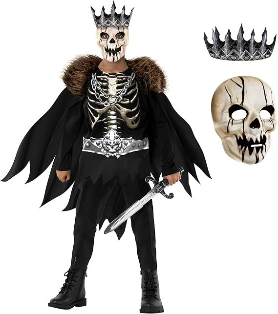 Kids Night King Costume & Mask Boys Scary Dark Skeleton Knight Halloween 7-14 yr