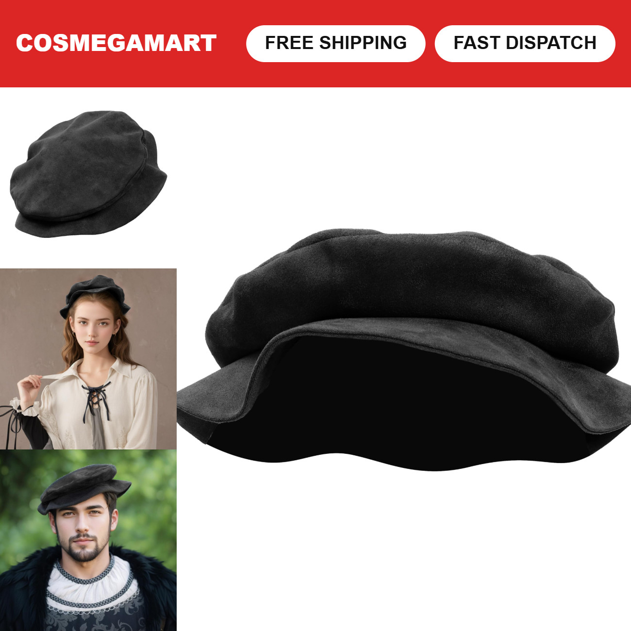 Medieval Tudor Flat Cap Faux Suede Beret Hat for Renaissance Festival Costume