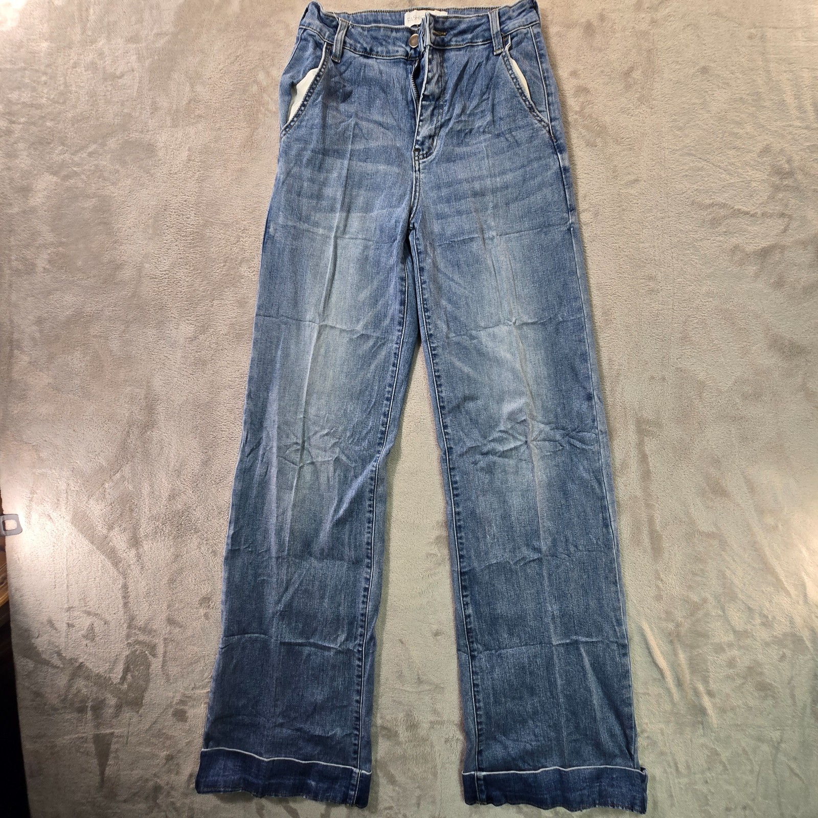 Fashion Nova Jeans Womens 5 Blue Denim Stretch High Rise Cuffed Hem Wide Leg