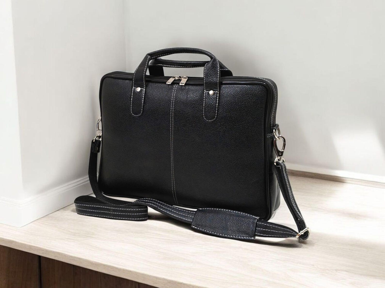 Men\'s Handmade Leather Laptop Case, Top Grain Black Office Briefcase