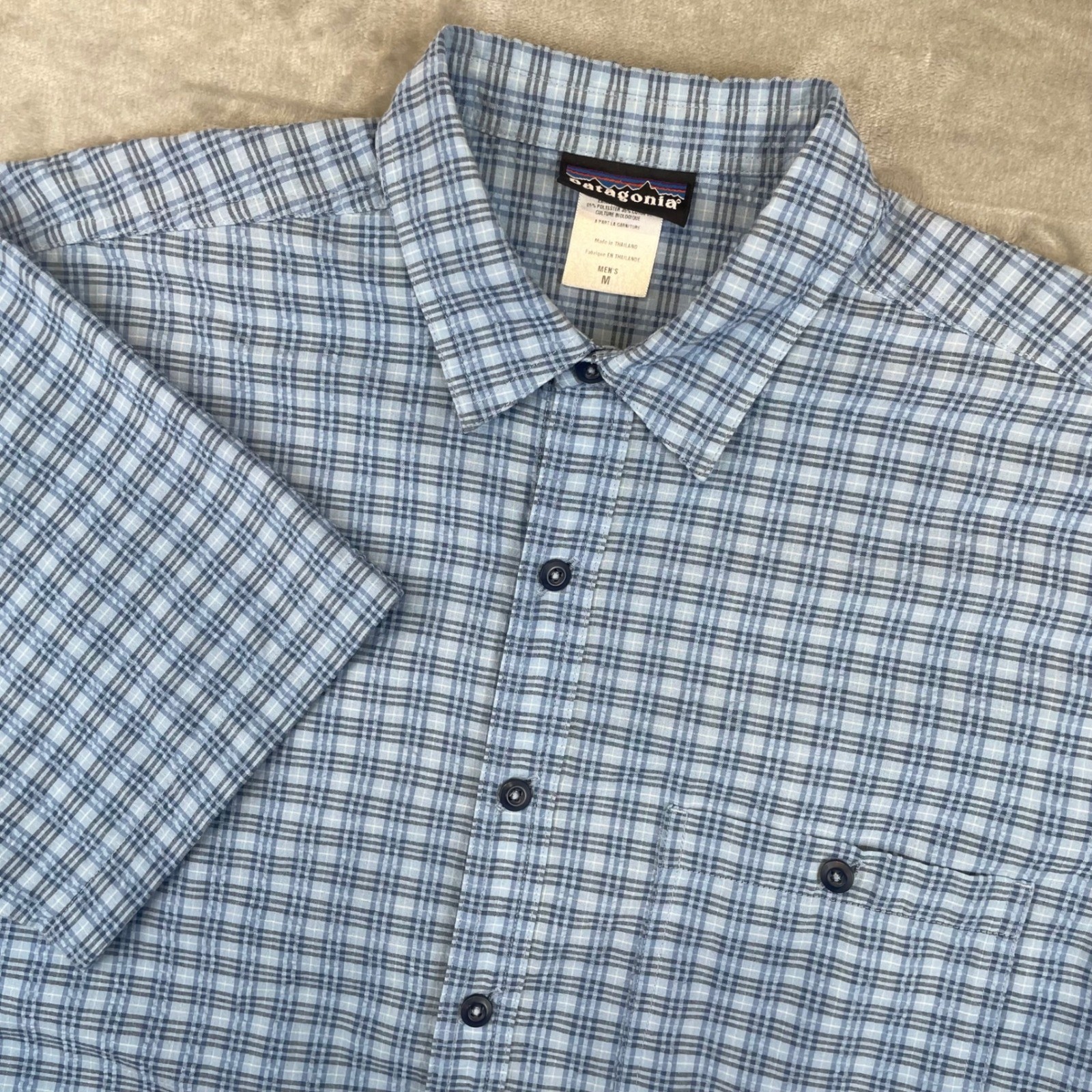 Patagonia Mens Short Sleeve Plaid Button Down Shirt Blue Organic Cotton Blend M