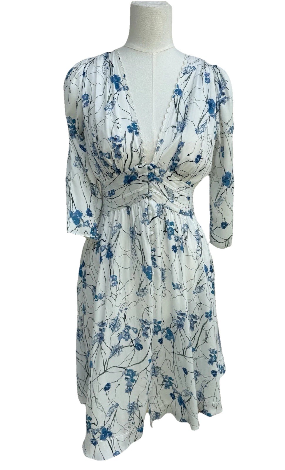 Marchesa Notte Floral Midi Dress Size 2 White Blue Romantic Wedding Coastal