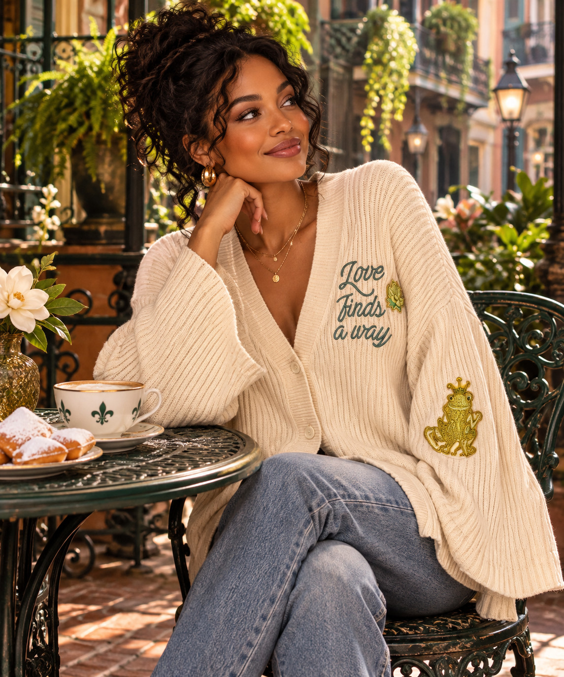 Disney Princess and the Frog Tiana XXL Cream Embroidered Cardigan Sweater