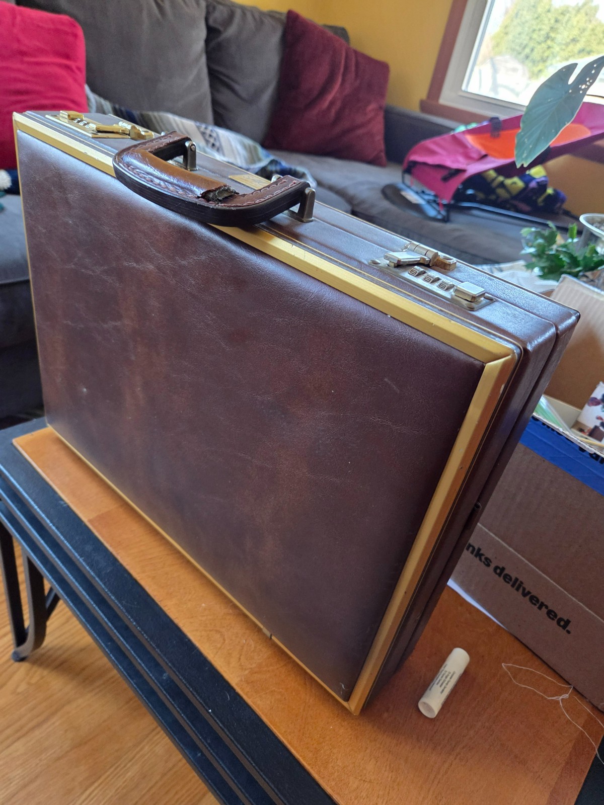 Savoy vintage hard leather briefcase, multi-pocket, brown with gold trim