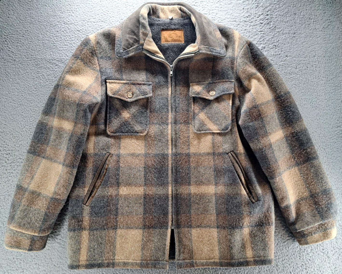 VTG Woolrich Wool Hunting Coat Mens L Brown Plaid Sherpa Lined Chore Barn USA