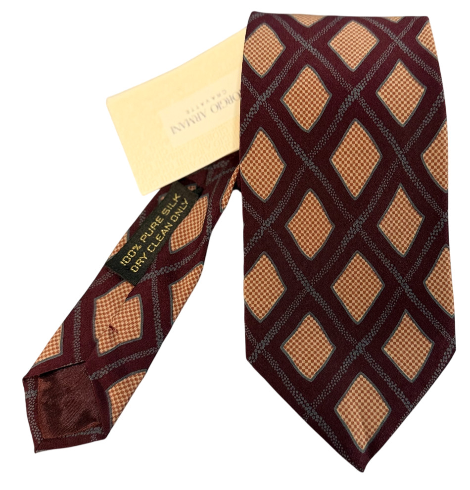 NWT VTG 80s-90s Giorgio Armani Geometric Burgundy 100% Silk Mens Neck Tie RARE