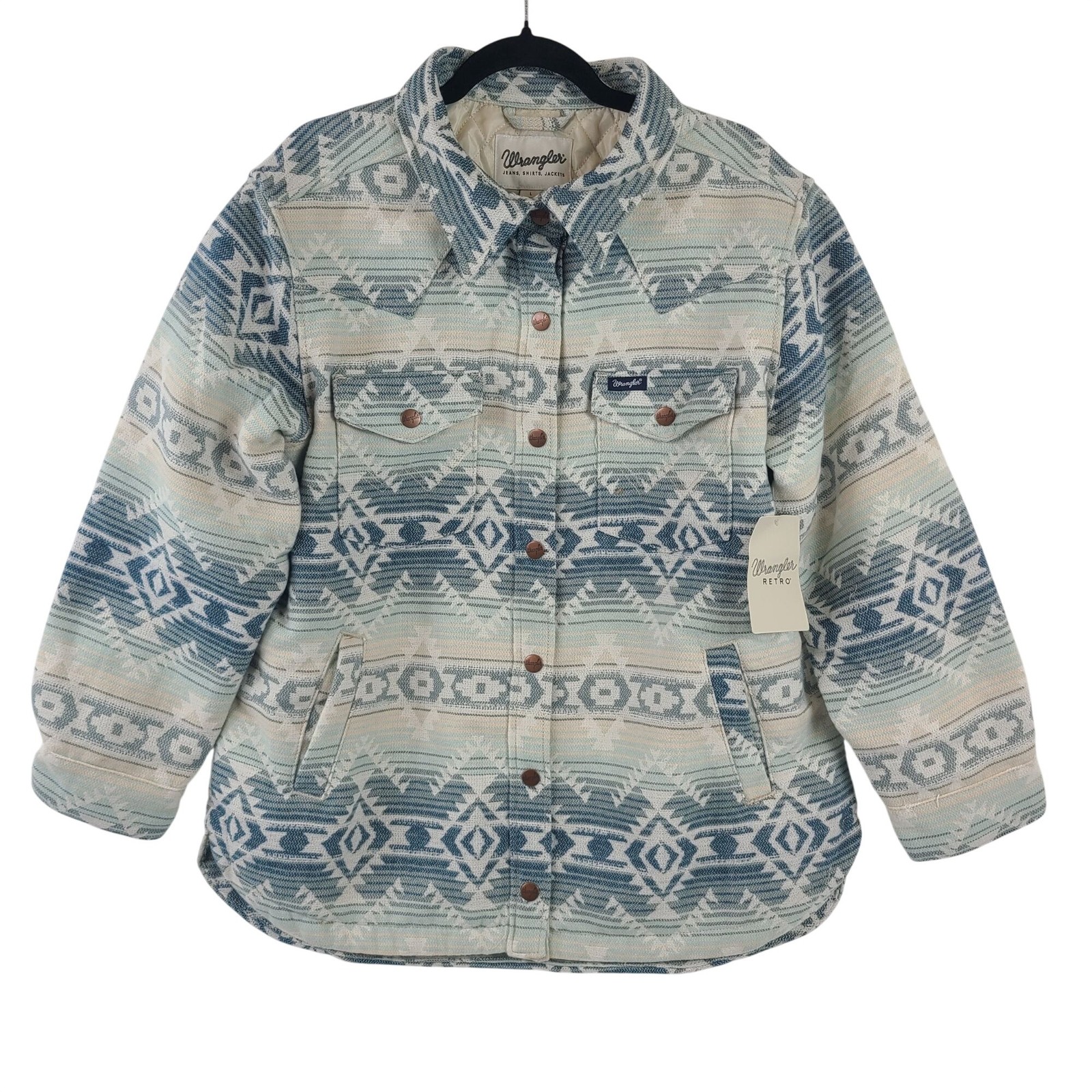 NEW Wrangler Retro Quilted Lined Aztec Print Jacket Blue/Beige Size L Snap