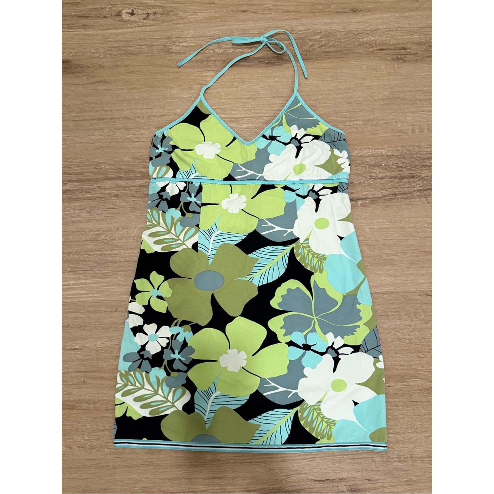 VTG Y2K Old Navy Green Blue Tropical Summer Floral Halter Mini Dress Sz 10 S/M