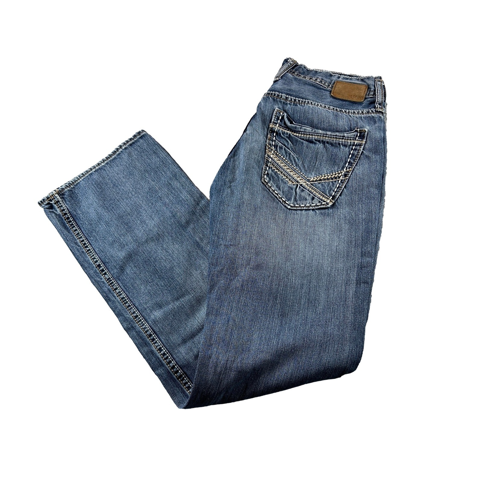 BKE Carter Jeans Mens 30L (Fits 32x33) Blue Relaxed Straight Leg Contrast Stitch