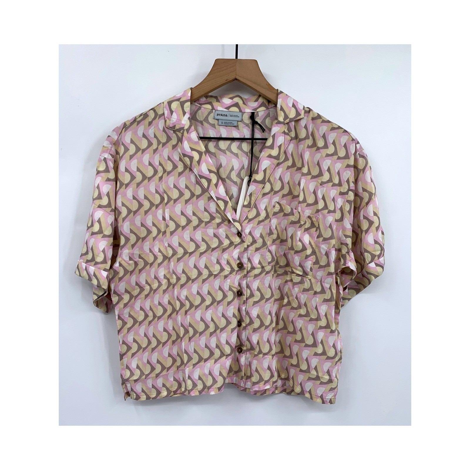 Prana Shirt Womens Small Brown Pink Iguala Top Short Sleeve Boxy Button Up NEW