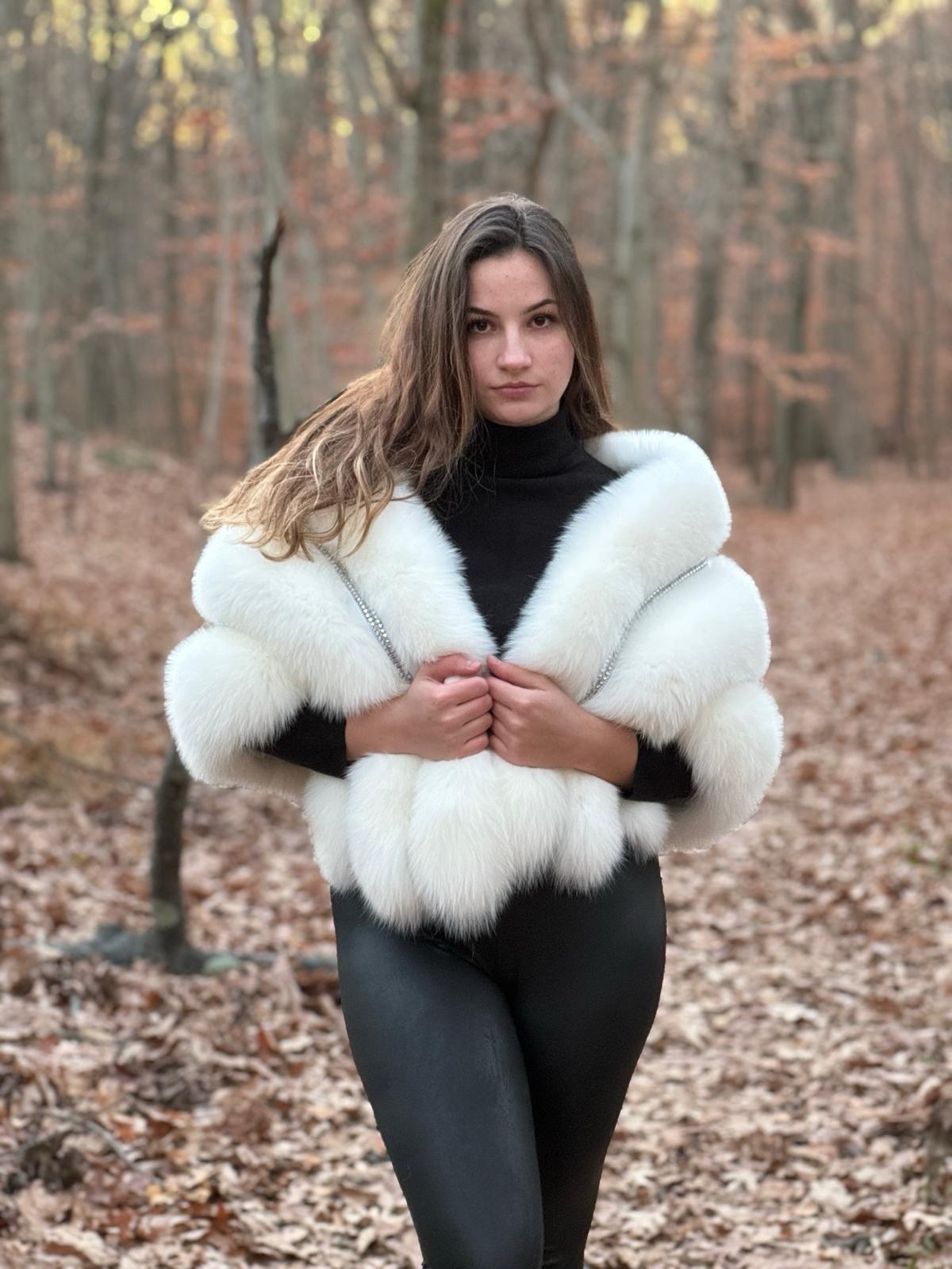Genuine Fox Fur Shawl with Beaded Trim White Wrap