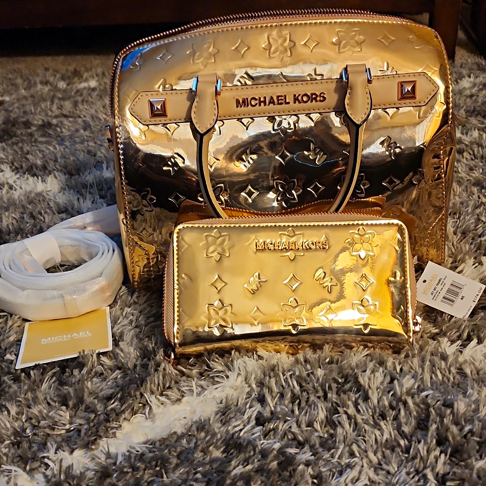 Michael Kors Metallic Gold Leather Logo Satchel w/ Zip Wallet Detachable Strap