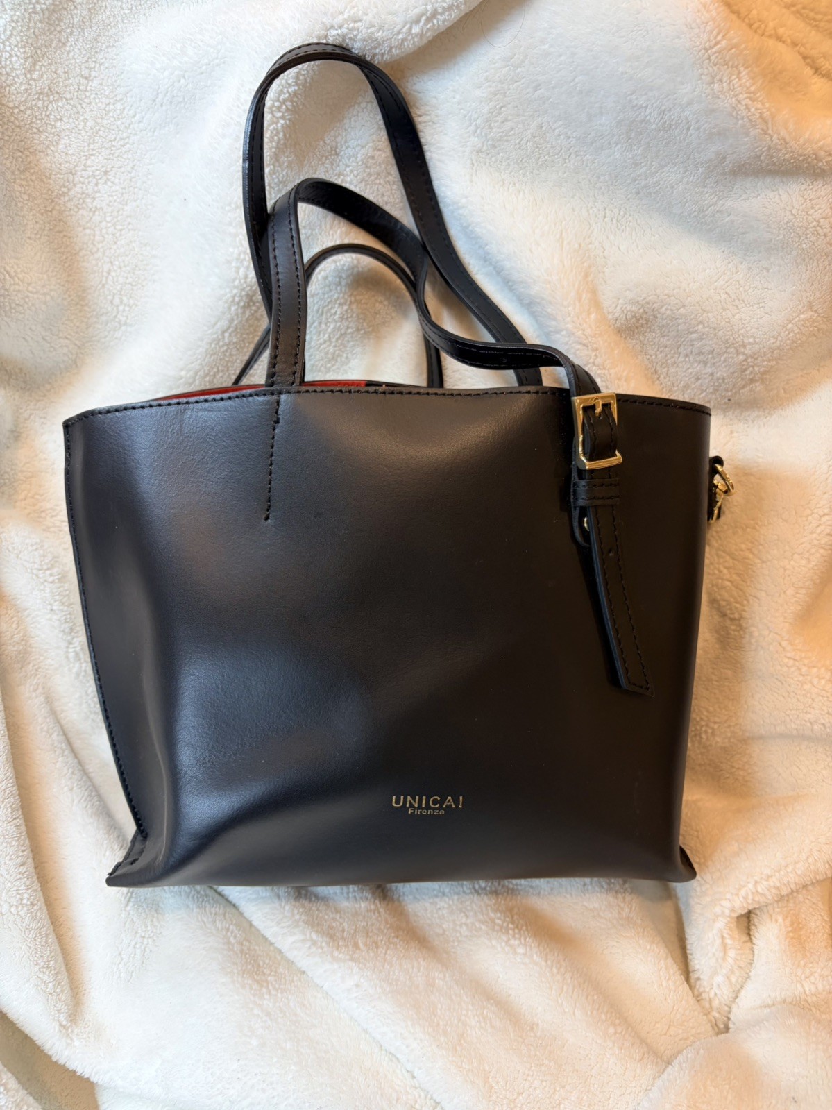 Unica Firenze Italy Black Leather Crossbody Bag Pristine Bright Red Interior