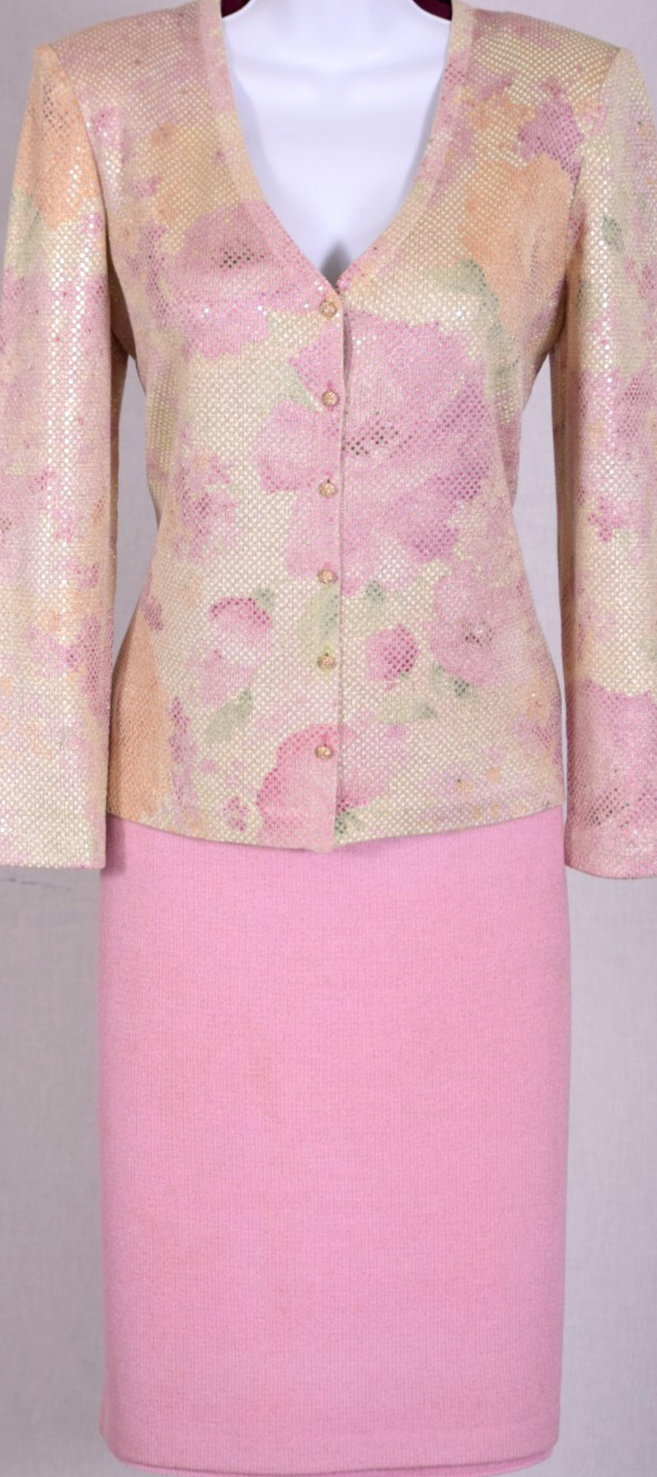 ST.JOHN Women\'s Pink Tan Green Sequins Throughout Rhinestone Jacket Skirt Sz 6-8