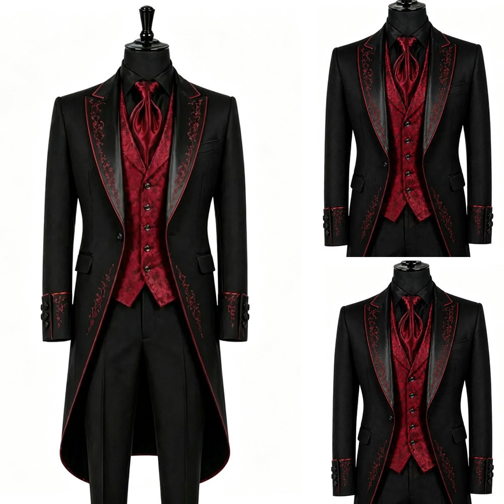 British 3pcs Men\'s Suit Black &Red Wedding Tuxedo Evening Party Prom Long Coat