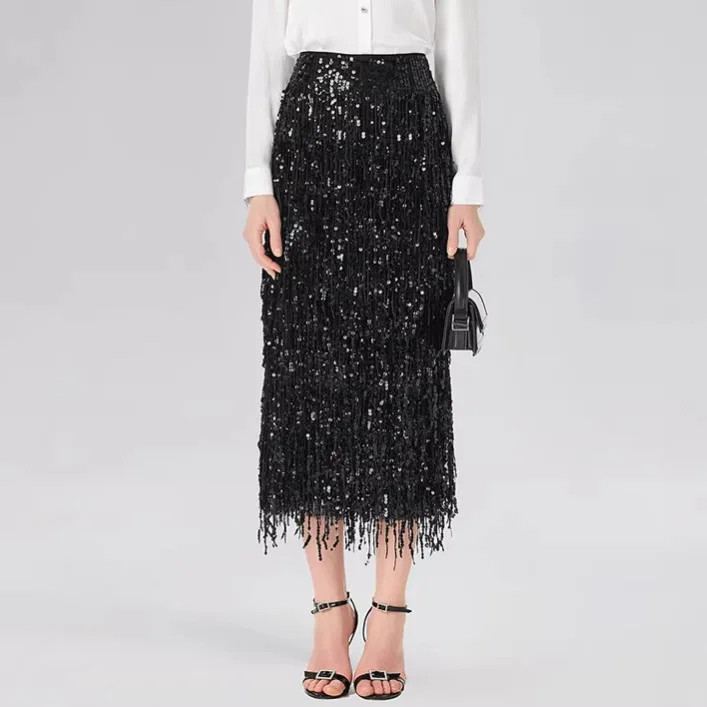 Temperament Women\'s Skirt Shiny Sequin Tassel High Waist Straight Slit S