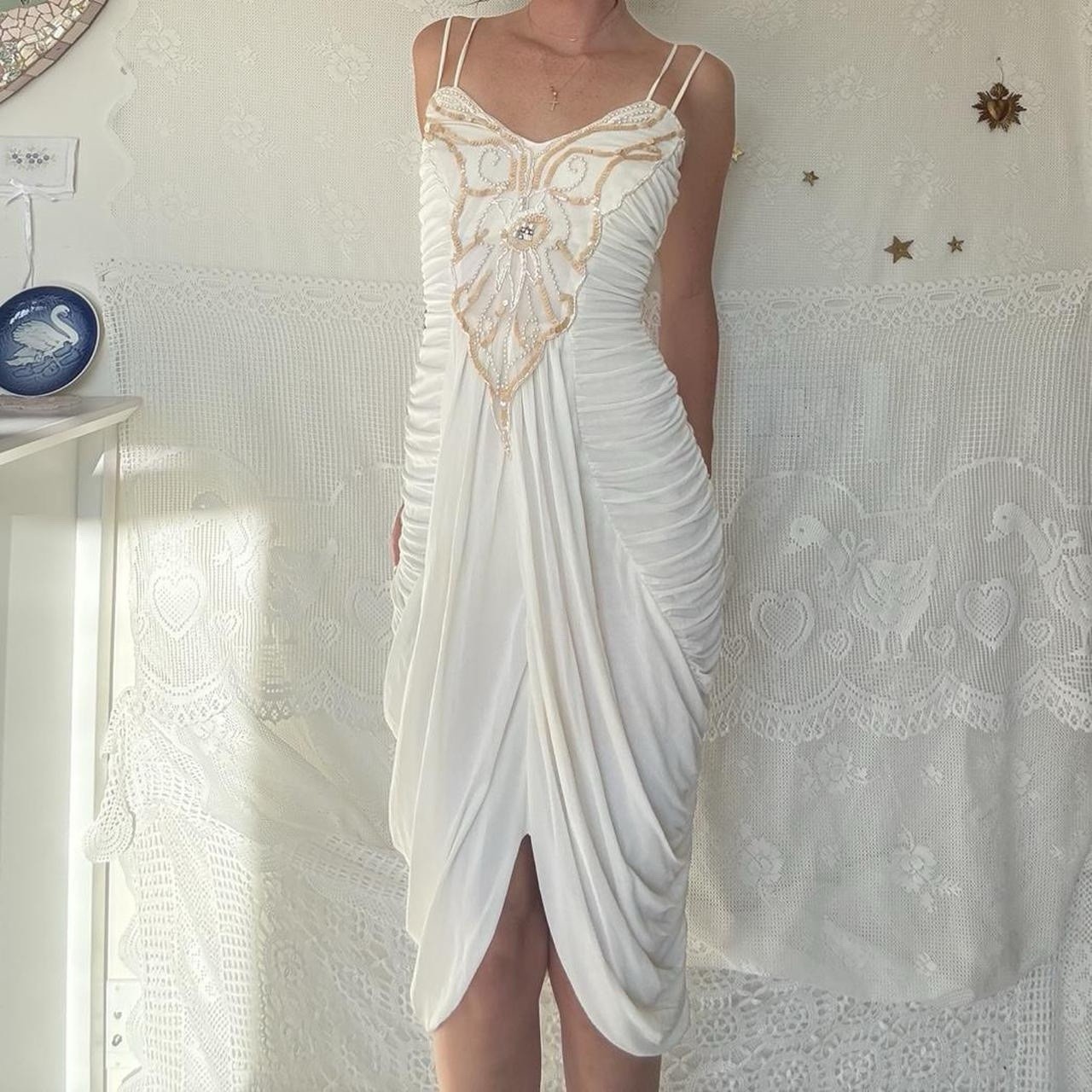 Insane 1970s white ruched goddess dress with beaded and sequin