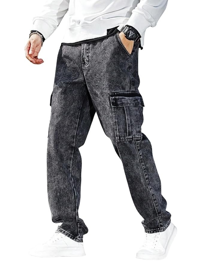 Men\'s Denim Cargo Pants – Loose Fit Straight Leg Jeans with Multi Pocket Design