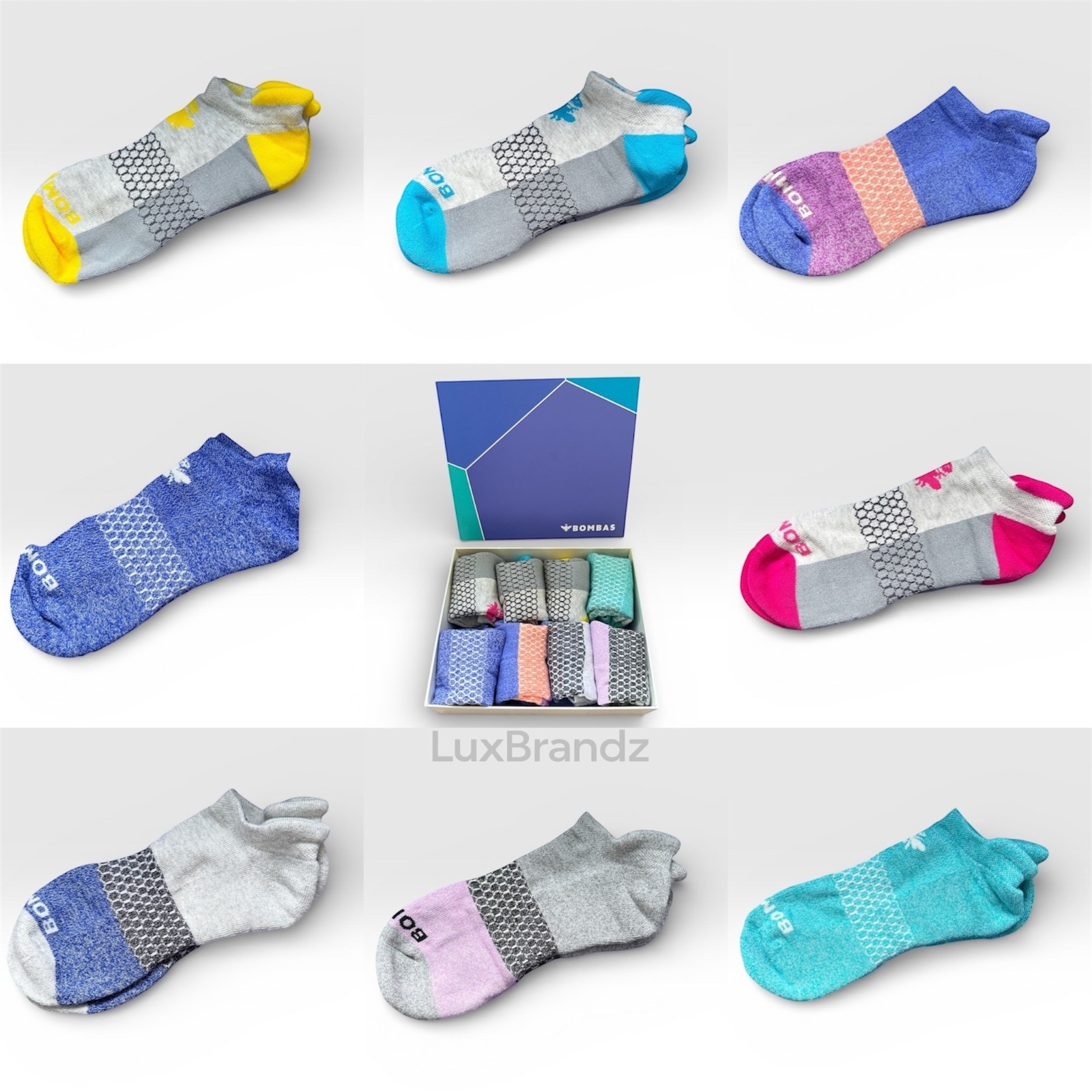 8-Pack Bombas Gift Box Tri-Color Ankle Socks (8-Pairs) - Women Size Large