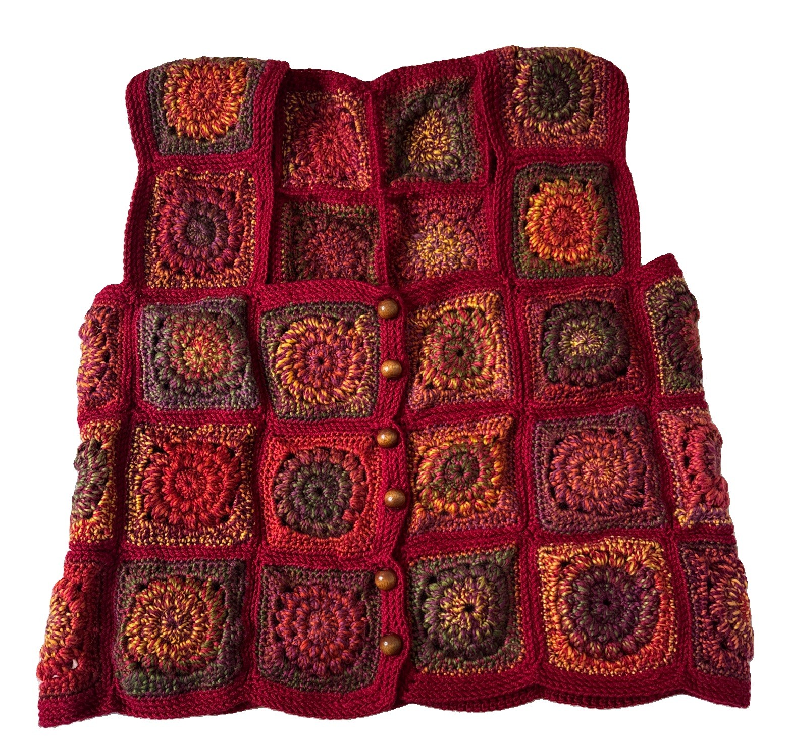 Vintage Handmade Granny Square Crochet Vest, Wood Buttons, Square Neck, Size L