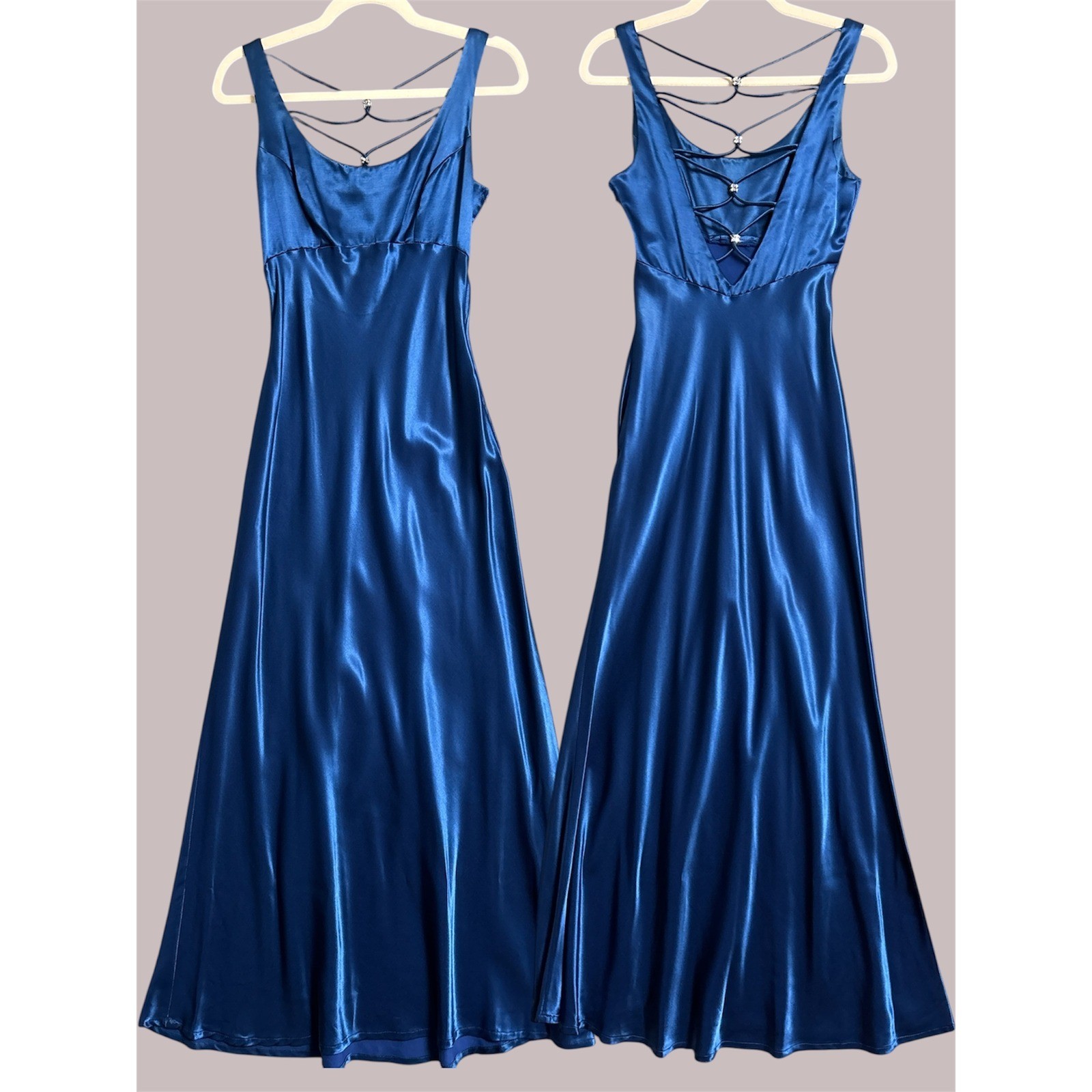 Vintage Zum Zum Gown XS Blue Satin 90s y2k Strappy Rhinestone Prom Formal Dress