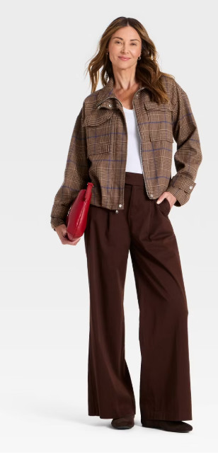 Women s Plaid Funnel Neck Field Jacket - A New Day™ Brown S tiktok viral
