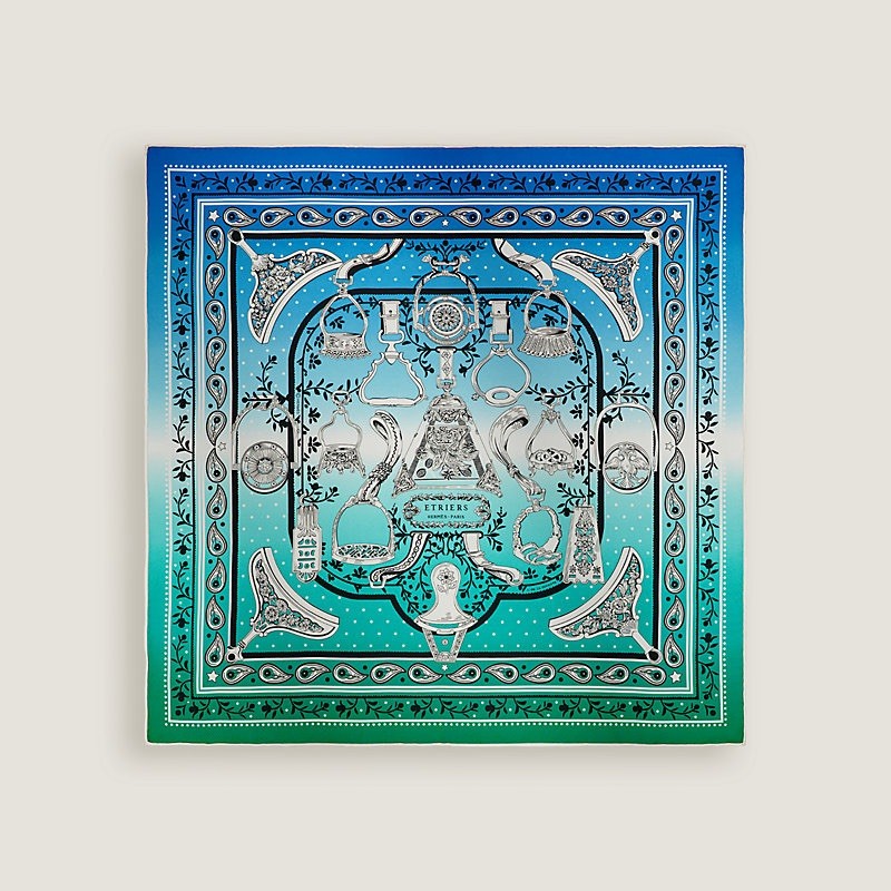 NIB Auth Hermès Etriers Remix Bandana Scarf 55 Ombré  Gradient Bleu /Blanc /Vert