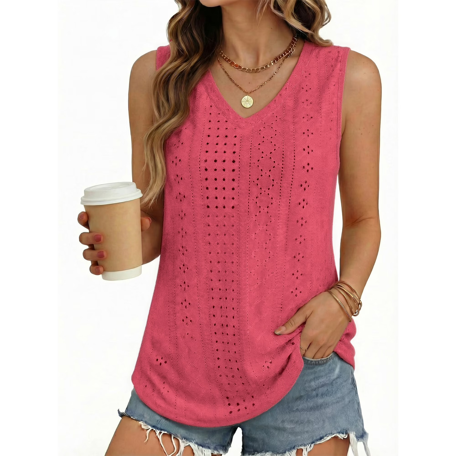 MOYIKO Tank Tops for Women Eyelet V Neck Trendy Sleeveless Tops Dressy Casual L