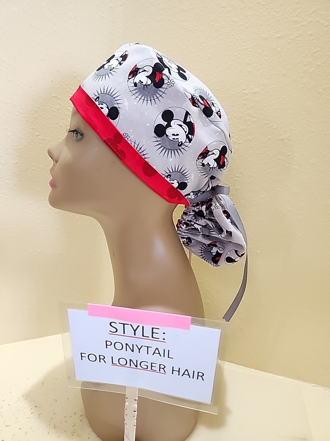 Mickey/Minnie Mouse ( grey) Women\'s Ponytail Surgical Scrub Hat/Cap Handmade
