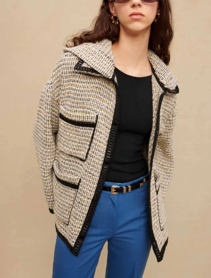 Maje Women\'s Multicolor Hooded Tweed Vinyl Details Jacket Size 34 FR 6 UK 2 US