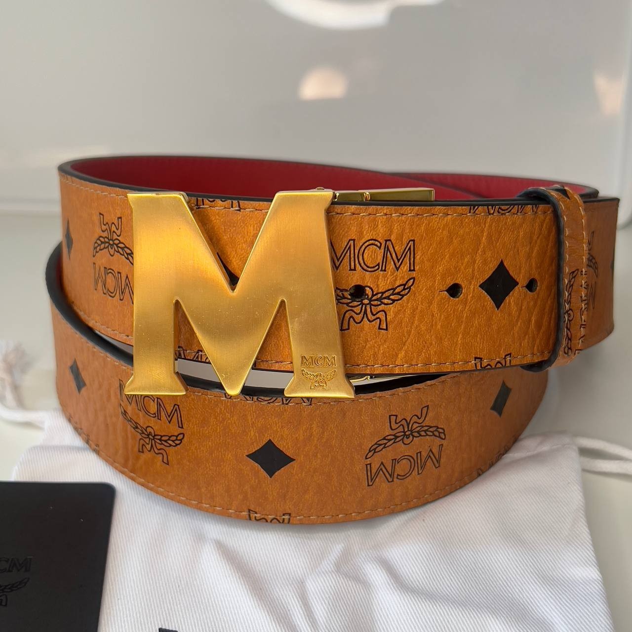 Authentic MCM men\'s belt reversible brown & red leather belt gold buckle