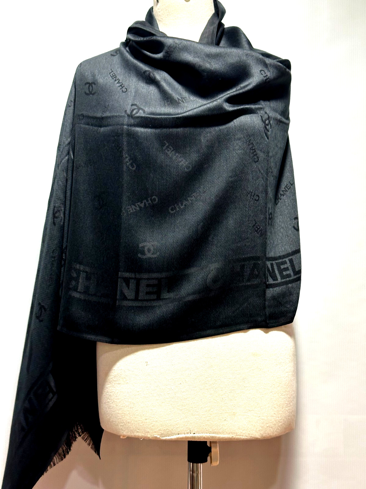 Authentic Chanel  Scarf Wrap Stole Shawl 65% Cashmere 35% Silk Black Used