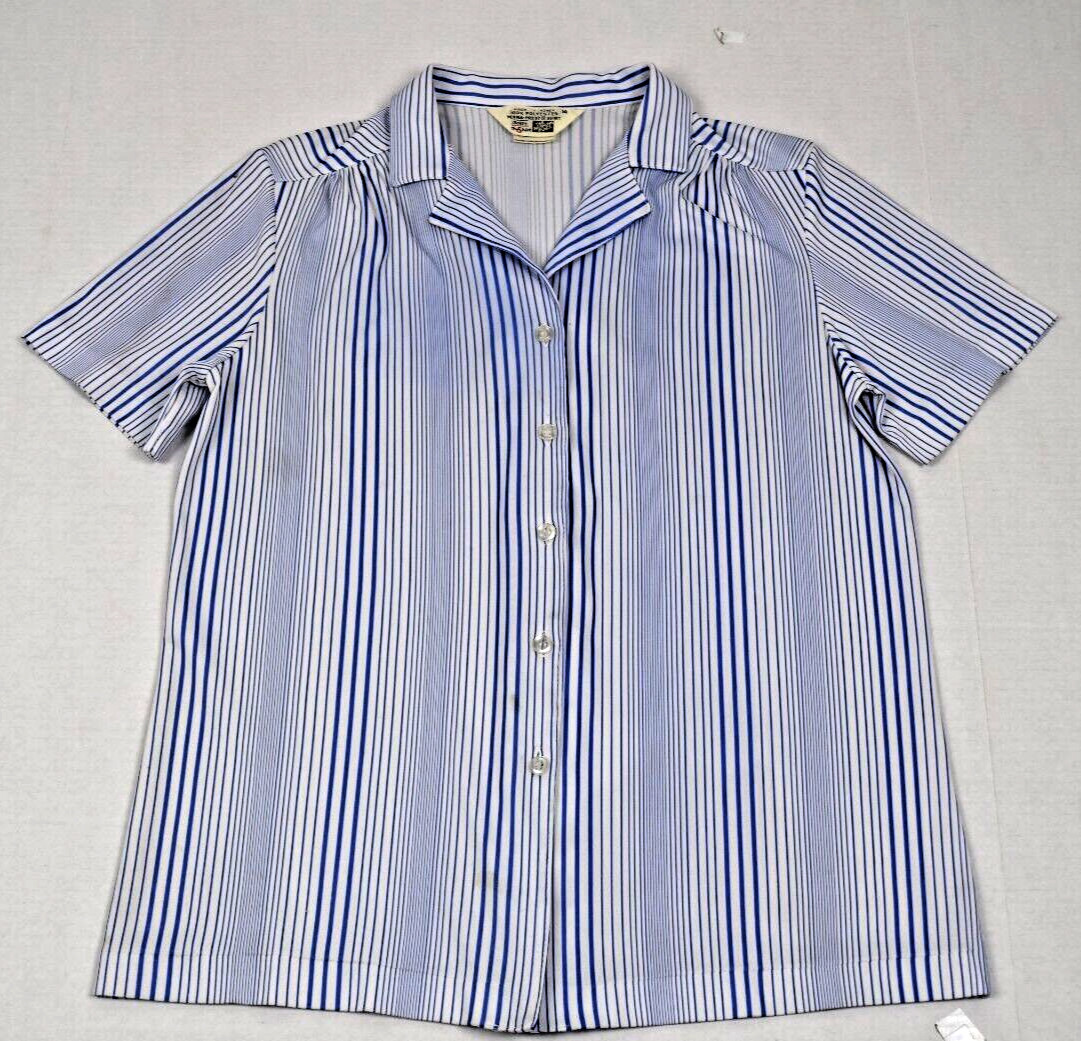 Vintage 70s Sears Shirt Womens S The Fashion Place Blue Stripe Button Front Poly