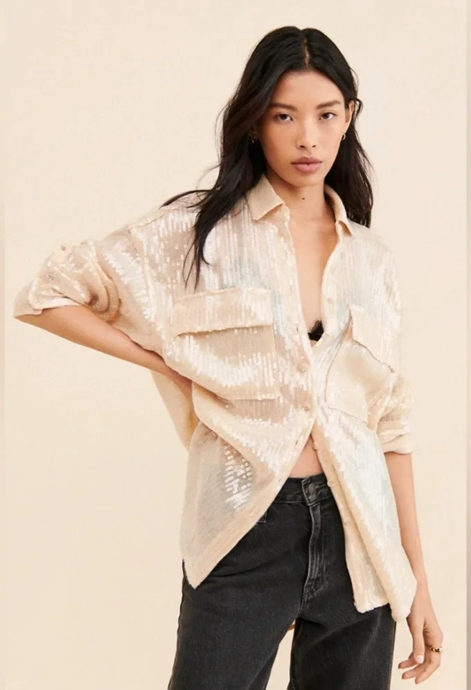 Anthropologie Pilcro Long-Sleeve Oversized Sequin Buttondown Shirt S $158 Glam