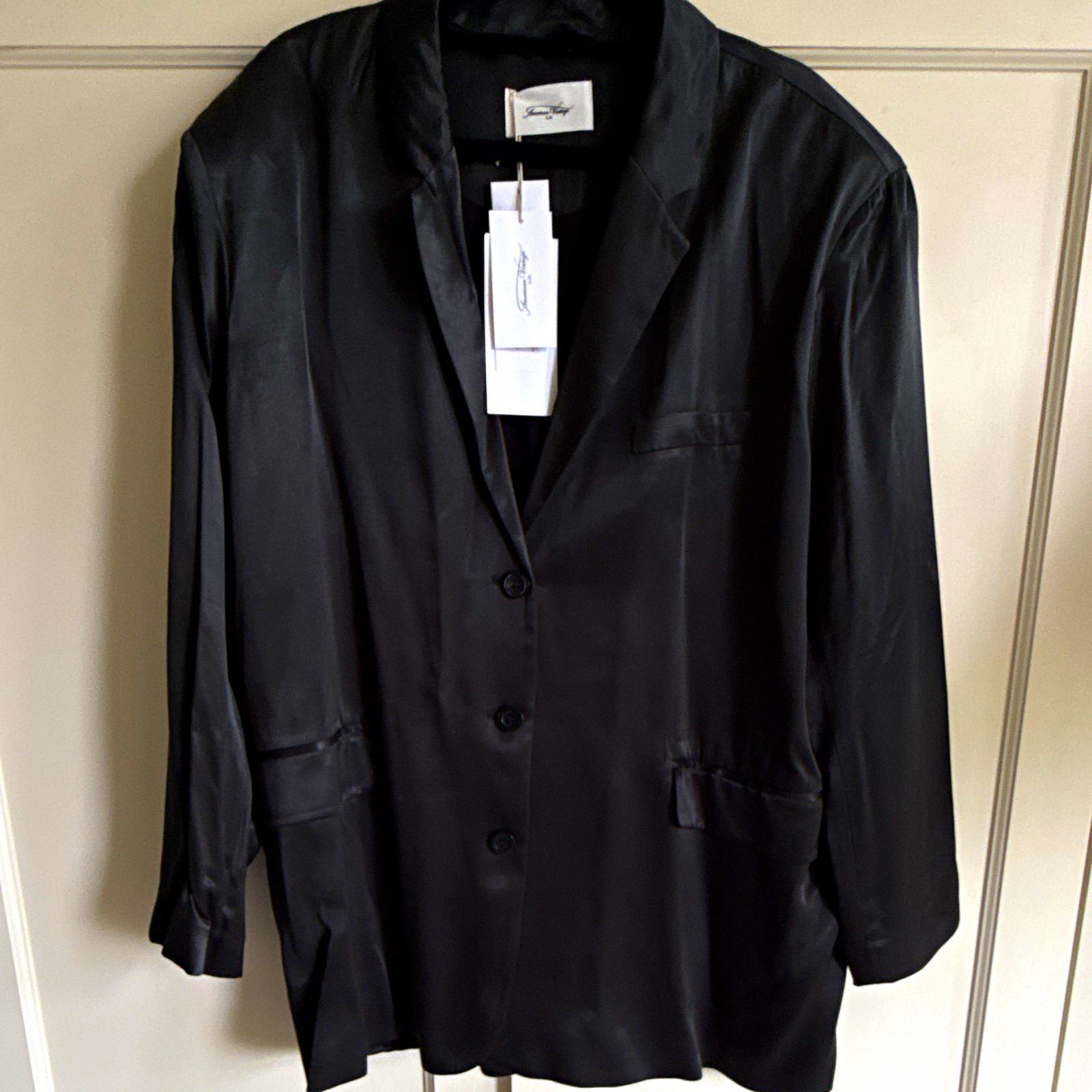 American Vintage Women’s Black Satin Blazer & Trousers 2pc Set  L Relaxed NEW