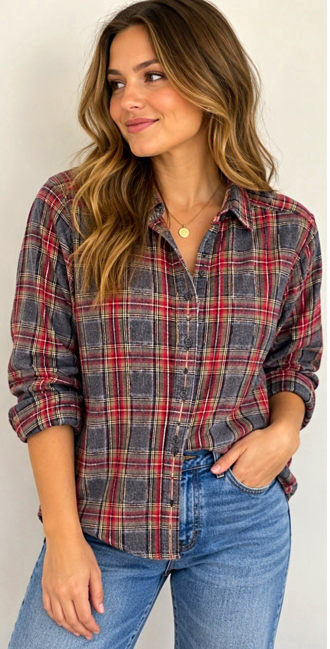 L.L.Bean Women’s M Regular Plaid Flannel Cotton Button-Up Shirt Gray Red
