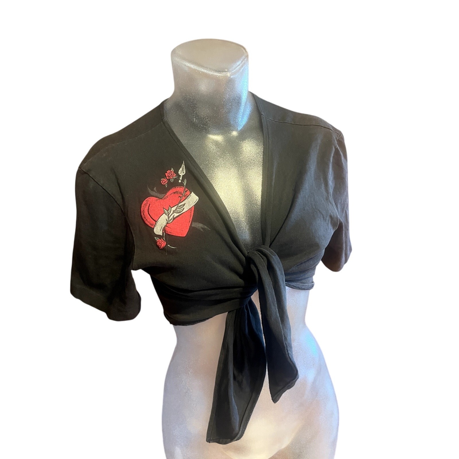 Vintage 90\'s CONTEMPO CASUALS Tie Front Tattoo Crop Top GRUNGE GOTH Tee Heart