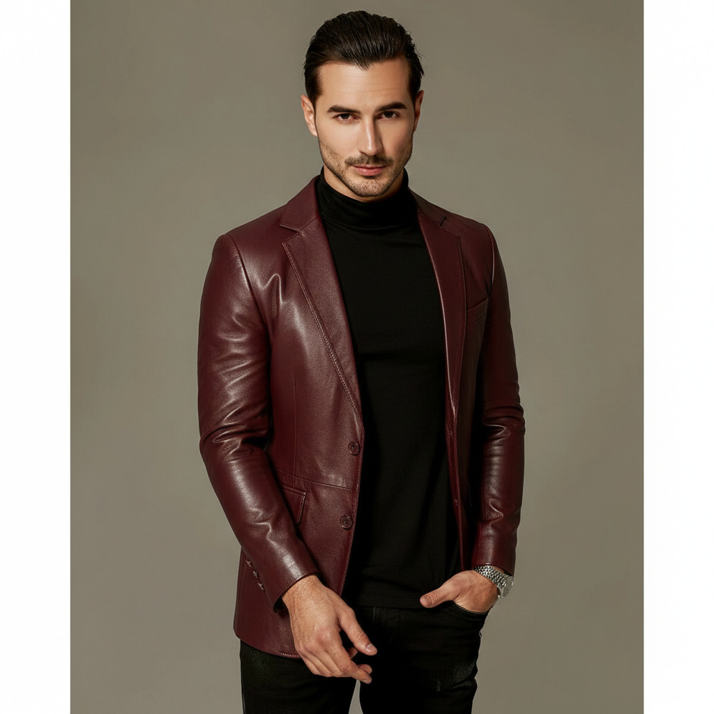 Men\'s Burgundy Leather Blazer Genuine Lambskin Two Button Coat Real Soft Blazer