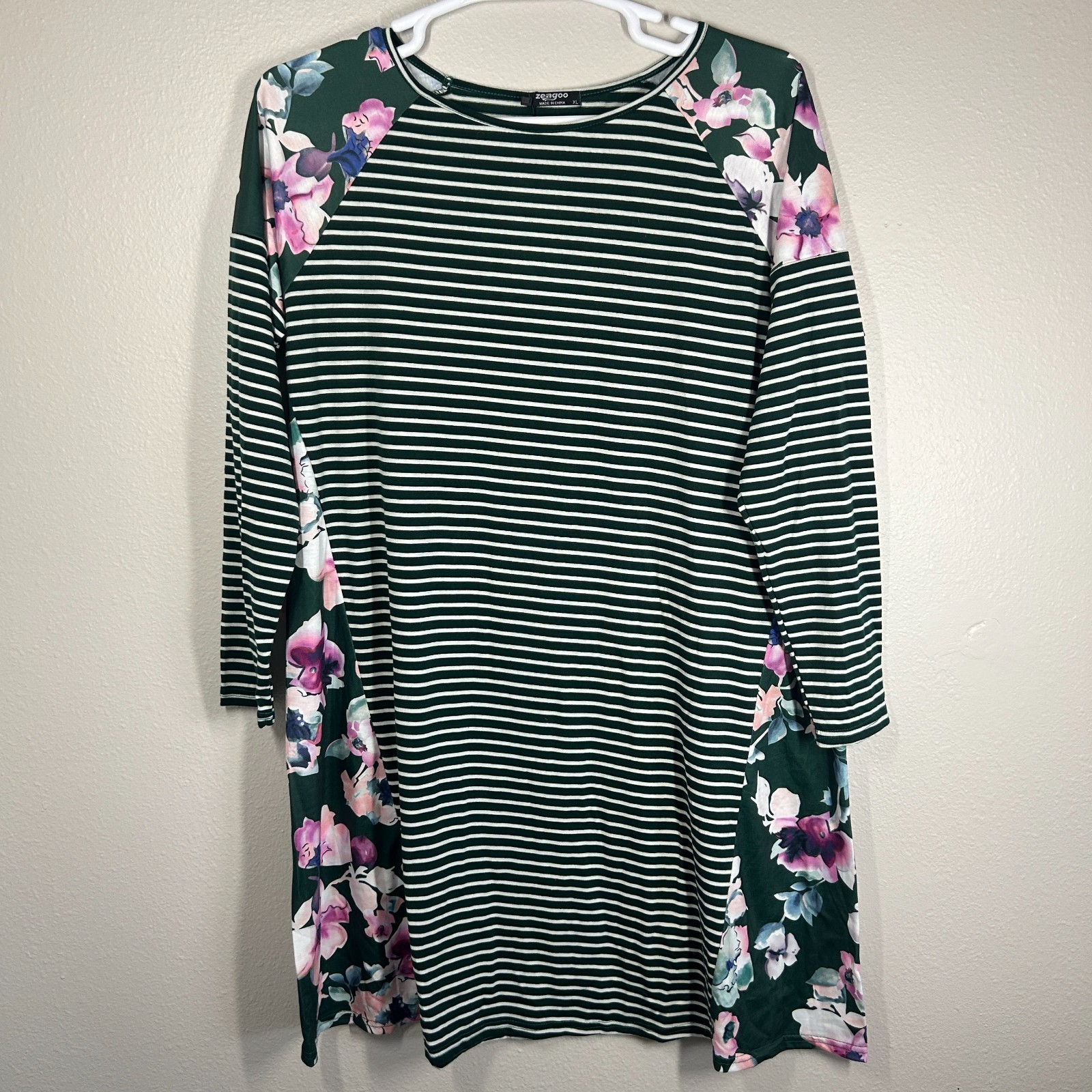 Zeagoo Green Floral Striped Tunic Dress Size XL 3/4 Sleeve