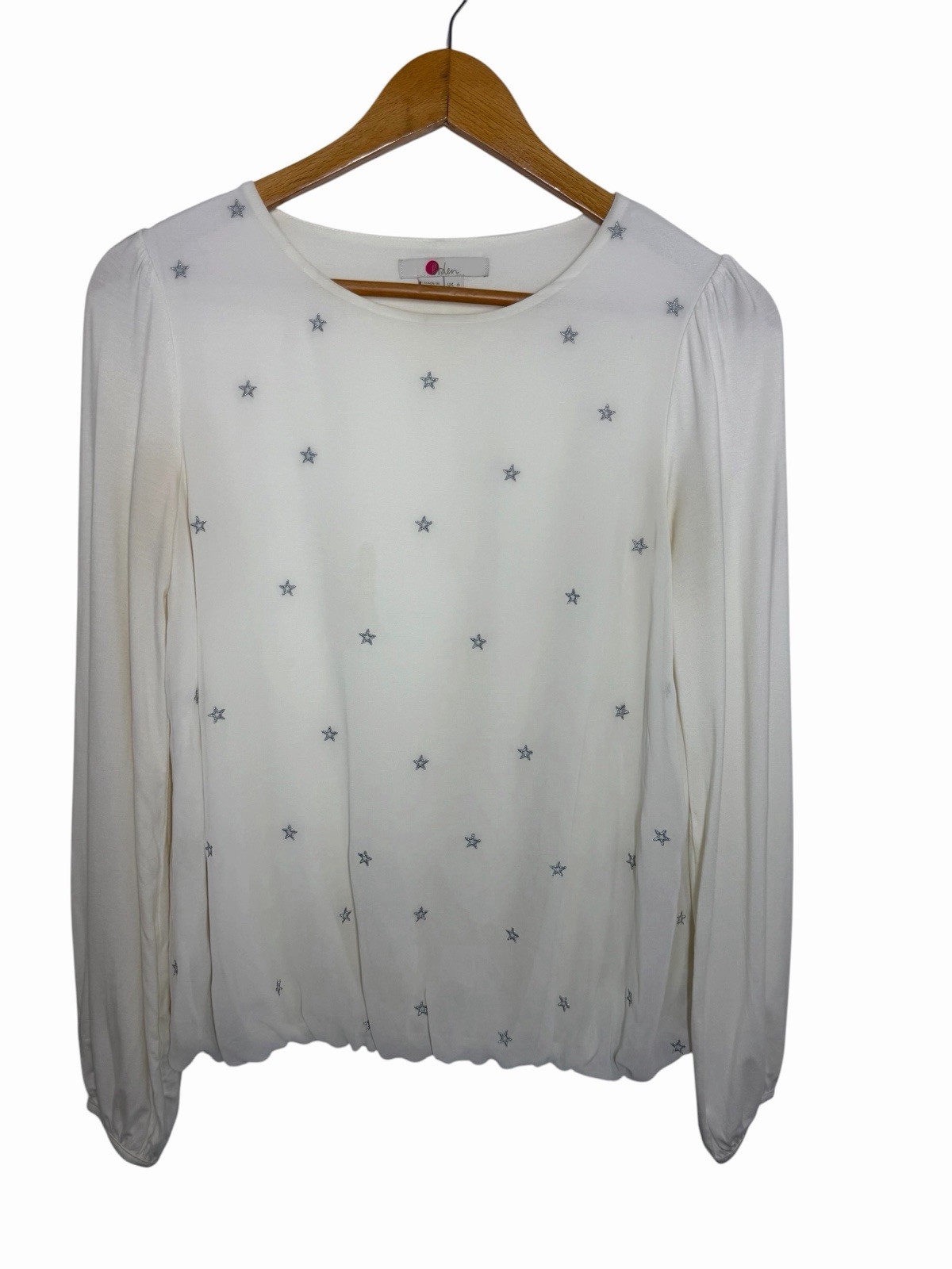Boden Womens Tori Long Sleeve Top Embroidered Star Print Ivory Silver Size 2