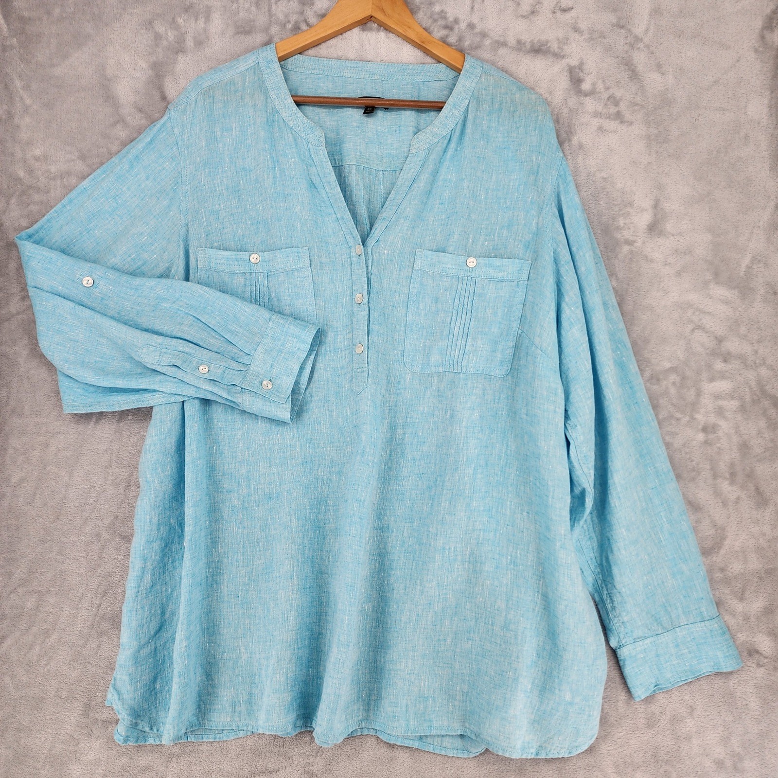 Talbots Linen Shirt Womens Size 3X Blue Roll Tab Sleeve Button Pocket Blouse Top