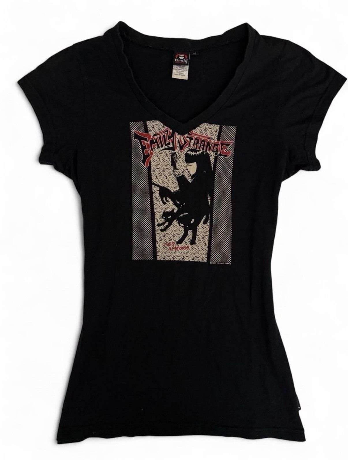 Emily the Strange Women’s Black V-Neck Graphic Tee Slim Fit Size M Goth Rock