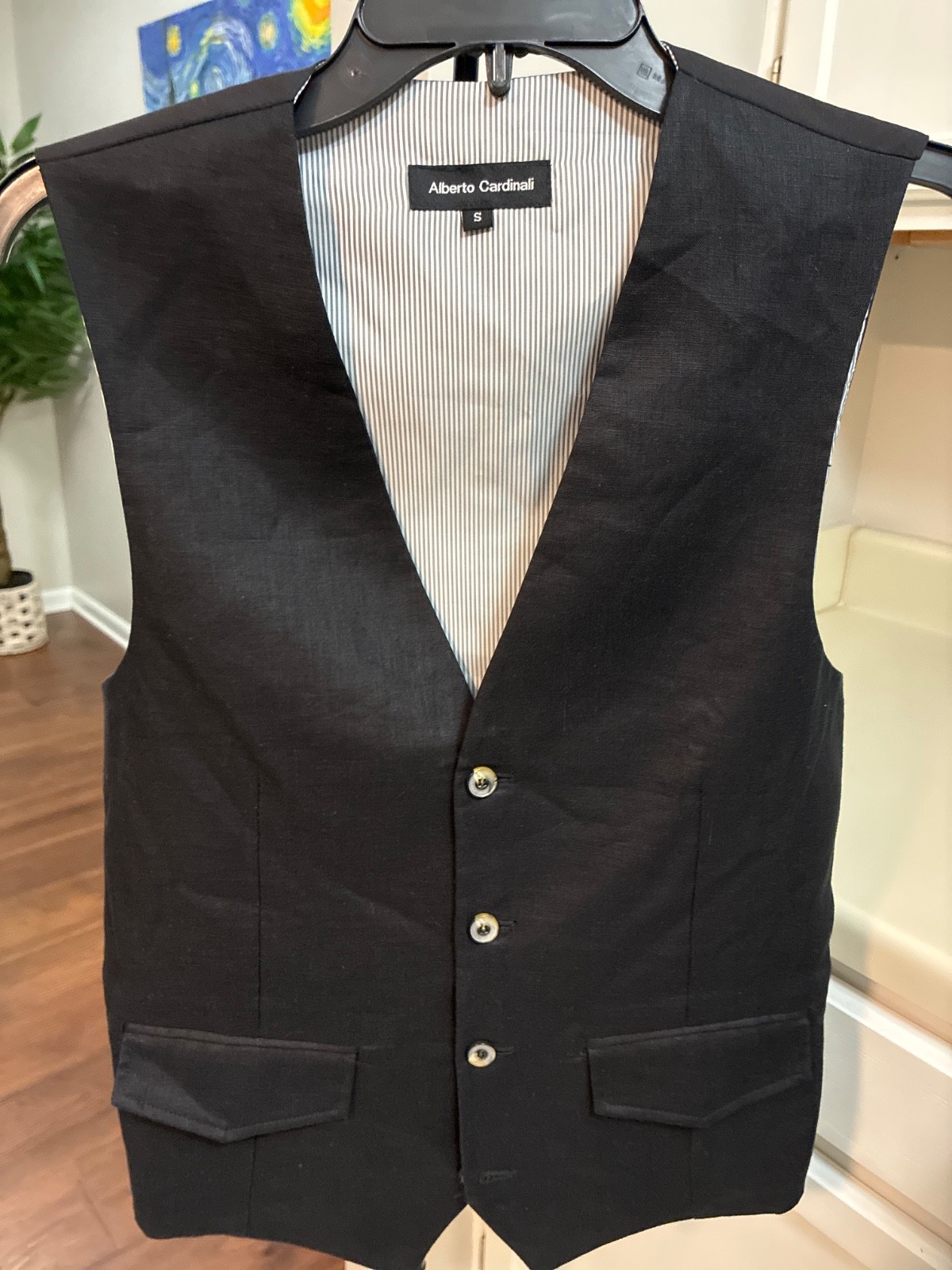 Mens Alberto Cardinali Smal Black Vest/ 100 Linen Outside 100 Poly Interior