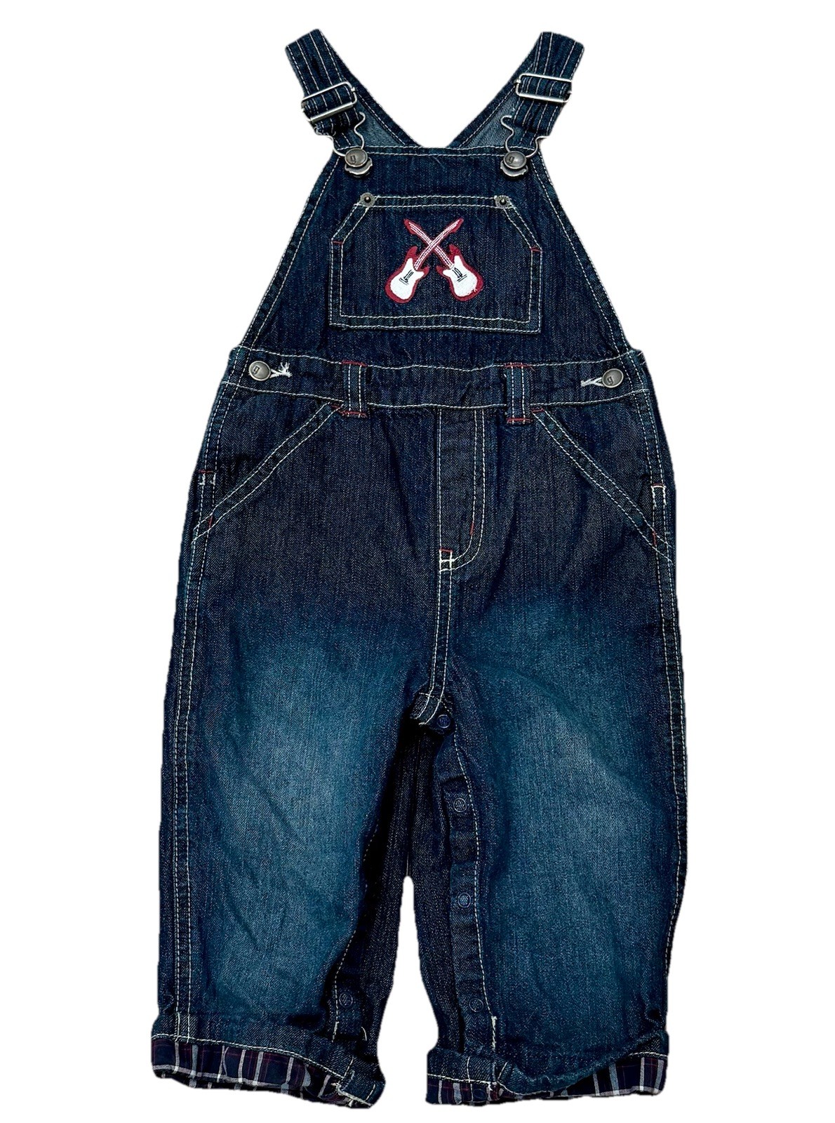 Gymboree Jr Rock Star Electric Guitar Overalls Dark Denim Plaid Cuffs Sz 12-18 M