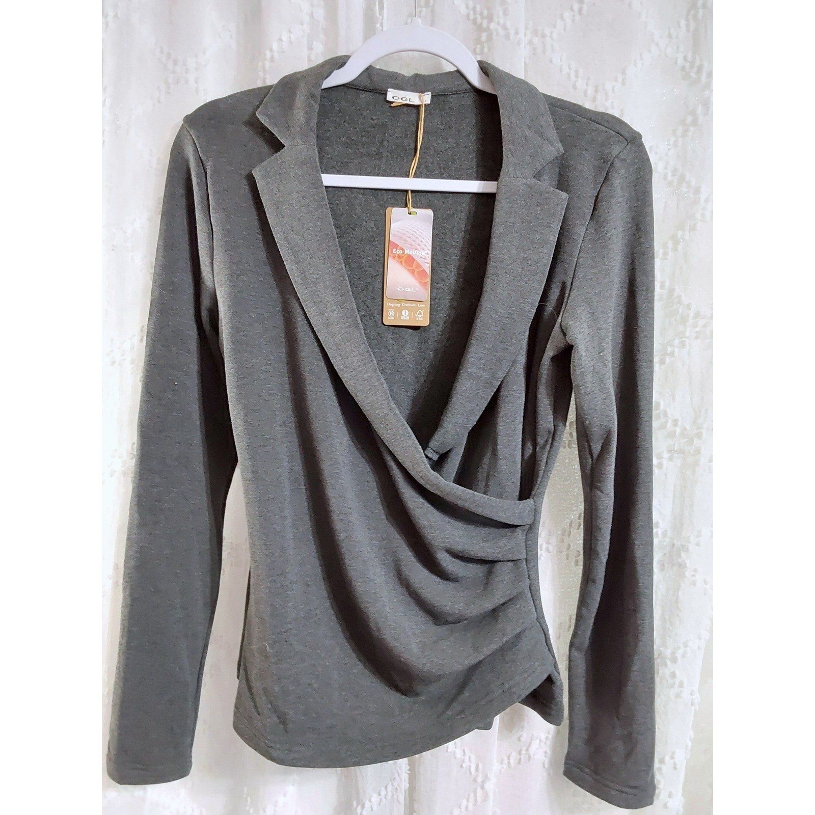 OGL Eco-Mousse Charcoal Gray Ruched Wrap Top Notched Lapel Size Small NWT