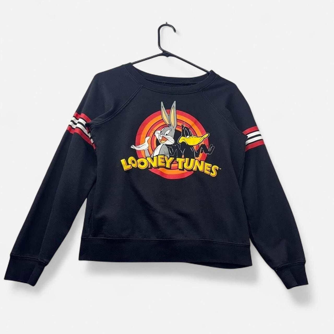 Looney Tunes Bugs Bunny Daffy Duck Graphic Sweatshirt Black Striped Sleeve Small