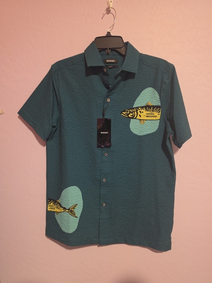 Murano Mens Slim Fit Shape of Water Fish Print Teal Seersucker Shirt Medium NWT